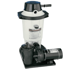 A black and white Hayward W3EC40C92S Perflex 1 HP Diatomaceous Earth Filter Pump System for Above-Ground Pools with a pump attached to it.